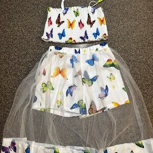 NWOT Girls 2Pc Butterfly Short Set Smock Top and Sheer Skirt Overlay Boutique 4Y